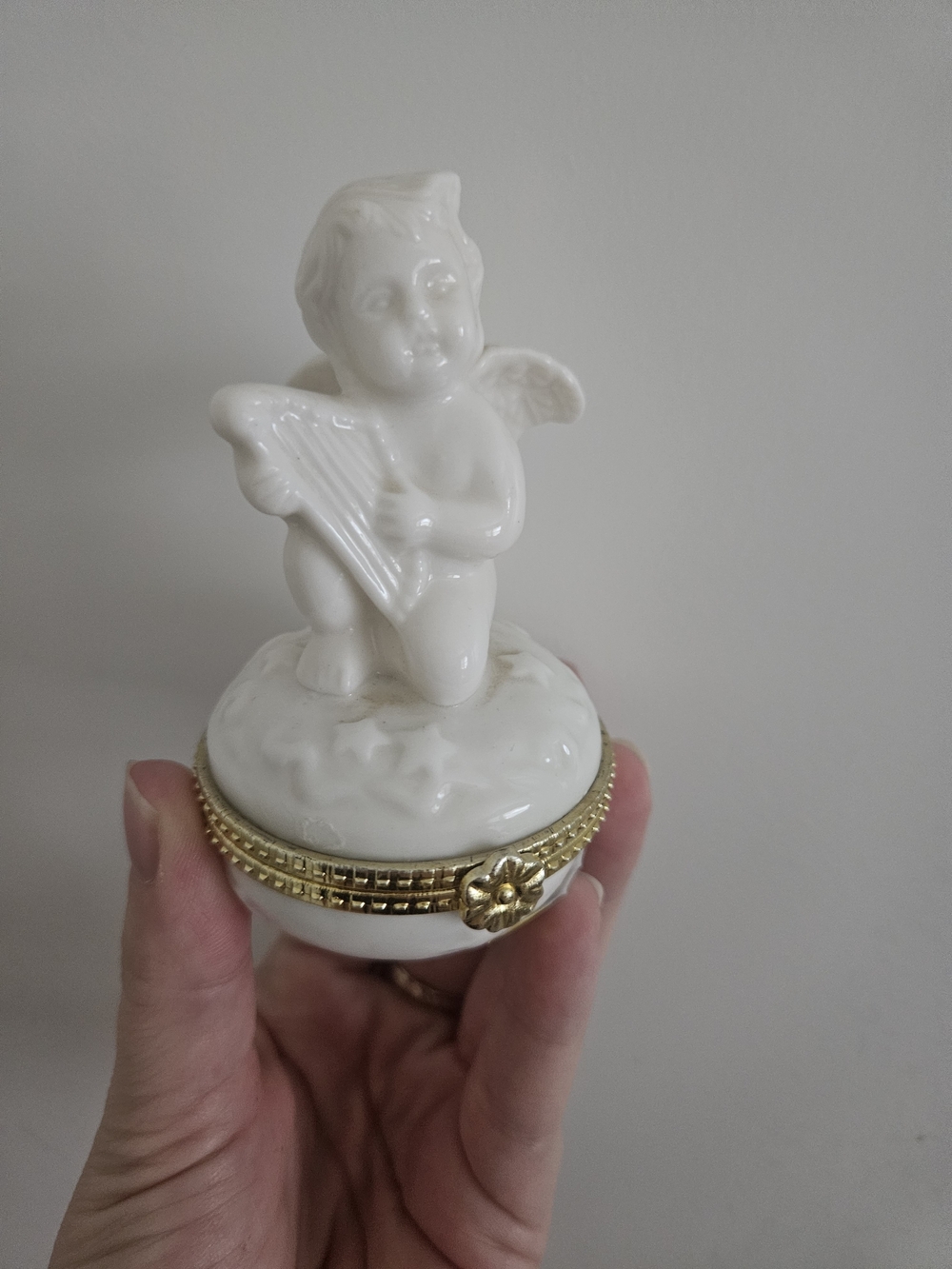 White Porcelain Cherub Trinket Box with Gold Trim